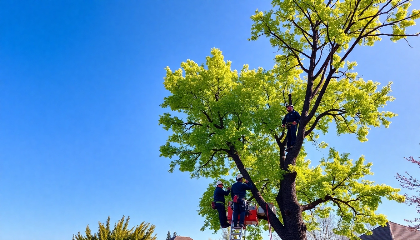 Emergency tree service team safely removing a fallen tree from a residential property.