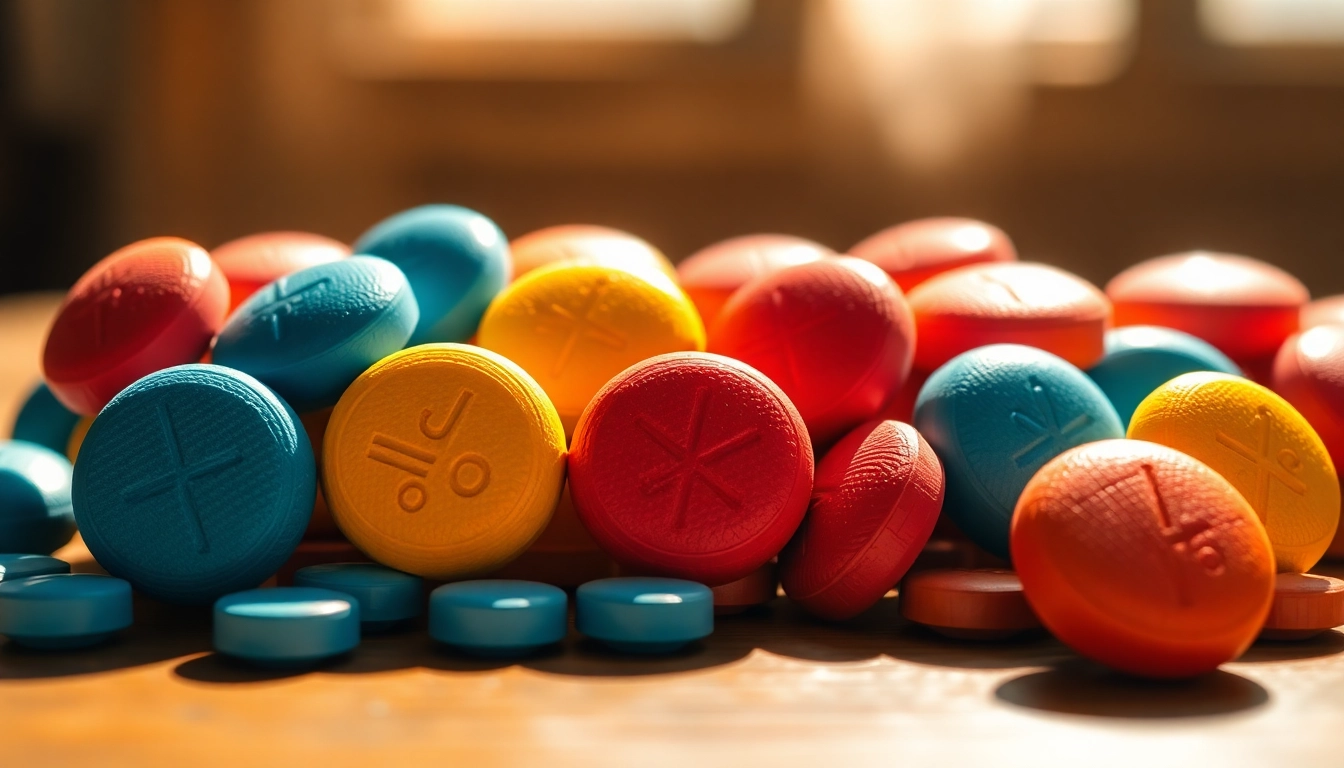 Showcase Bulk 7oh tablets showcasing their unique colors and textures on a wooden table.