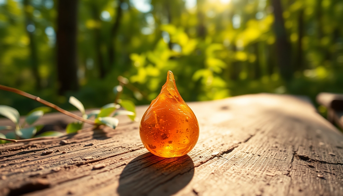 Myrrhe résine brillante sur une surface en bois naturel, évoquant son héritage ancestral.