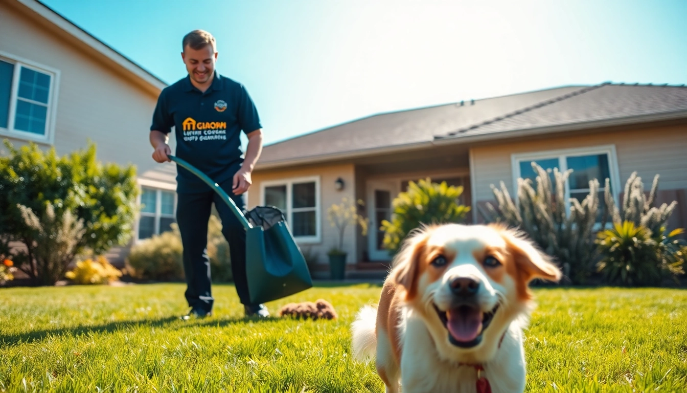 Dog poop cleaning service technician efficiently scooping pet waste in a sunny backyard.