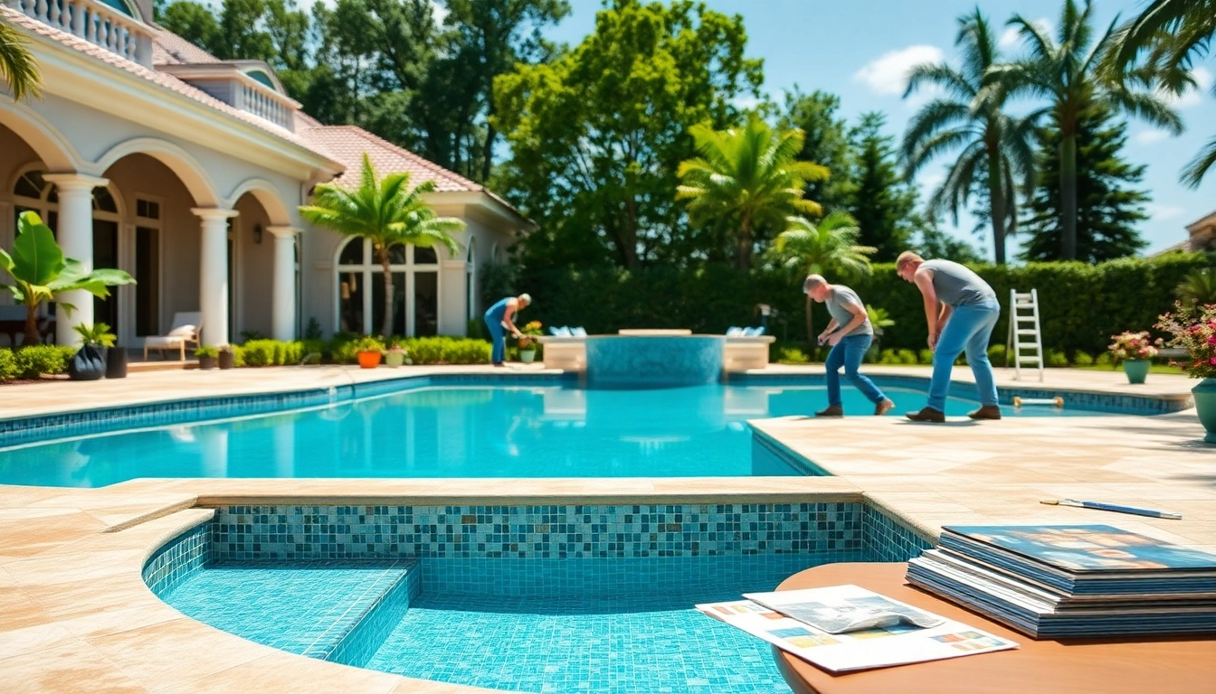 Expert pool renovation company modernizing an outdoor pool with new tiles and resurfacing.