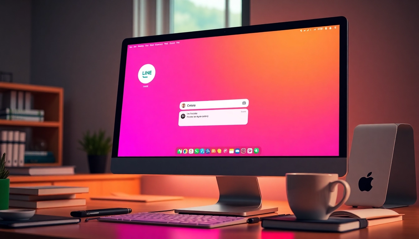Showcase the LINE app interface on a computer screen with line电脑版下载 prominently displayed to enhance user engagement.