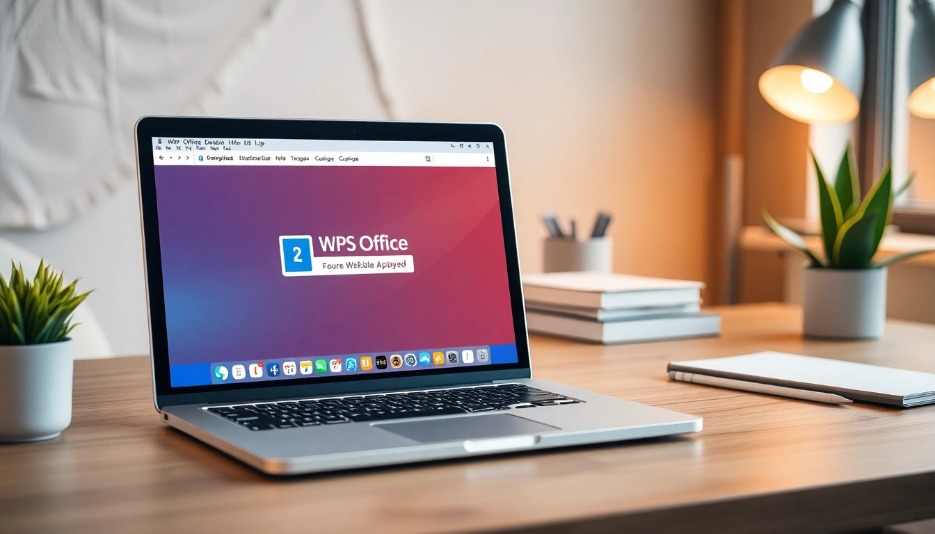 Download WPS Office efficiently, featuring a sleek laptop in a modern workspace.