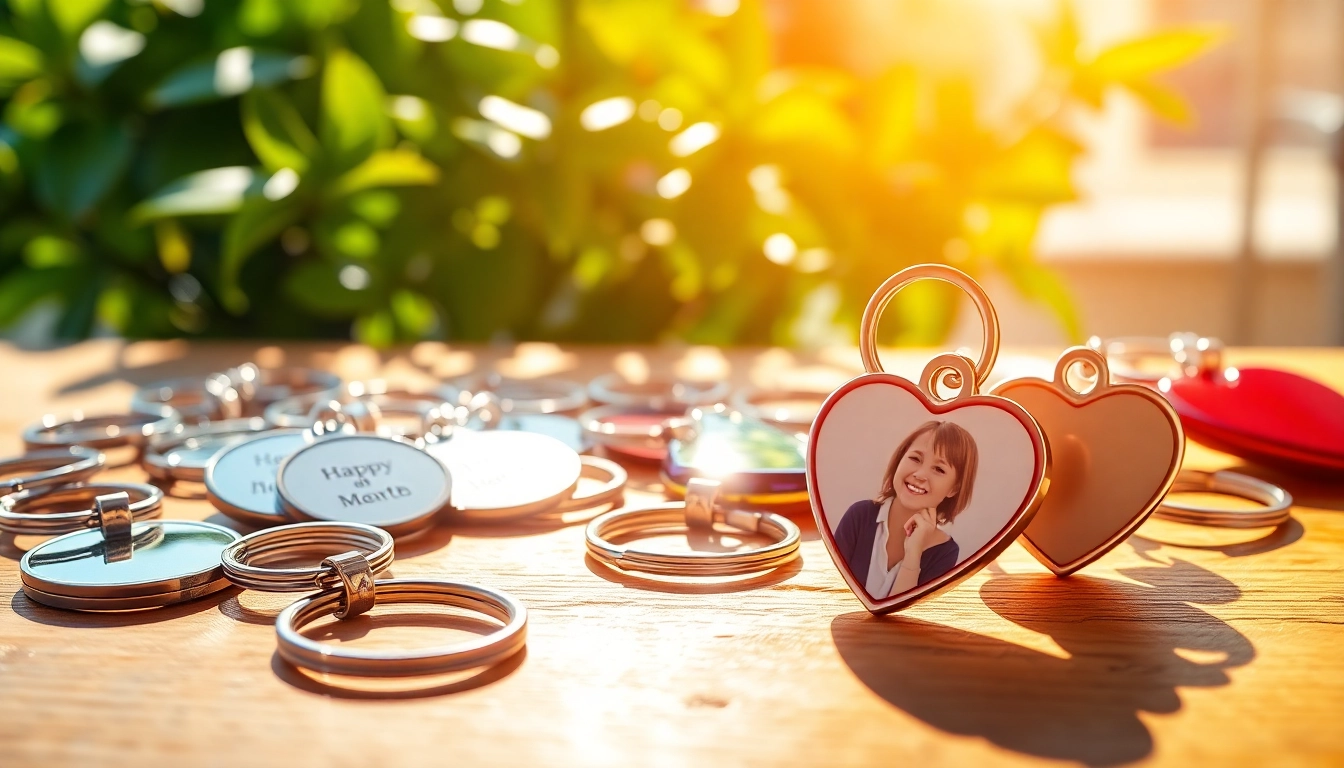 Showcasing personalized keychains with customized designs and photos on a bright wooden table.
