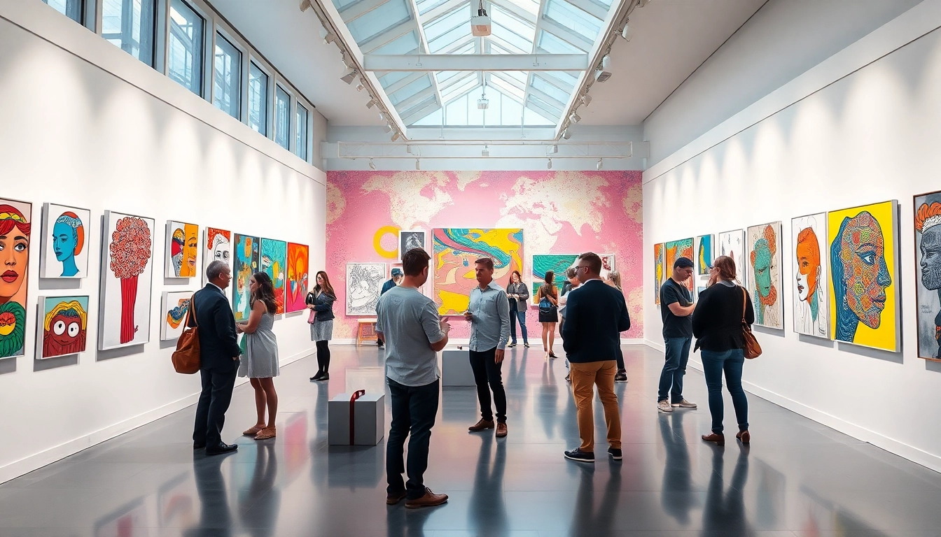 Engaged visitors appreciating artwork at in lieu gallery in a lively, colorful setting.