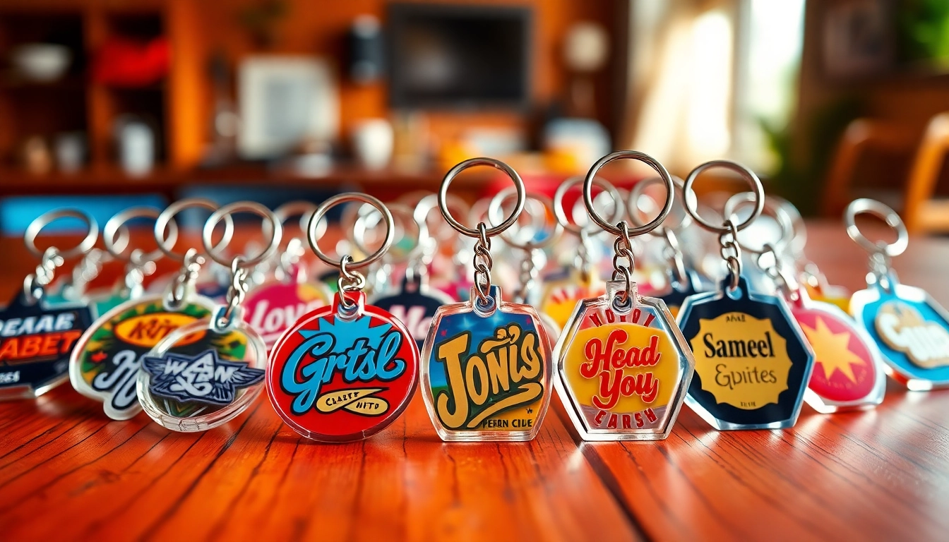 Showcasing custom acrylic keychains with vibrant designs arranged on a wooden table.