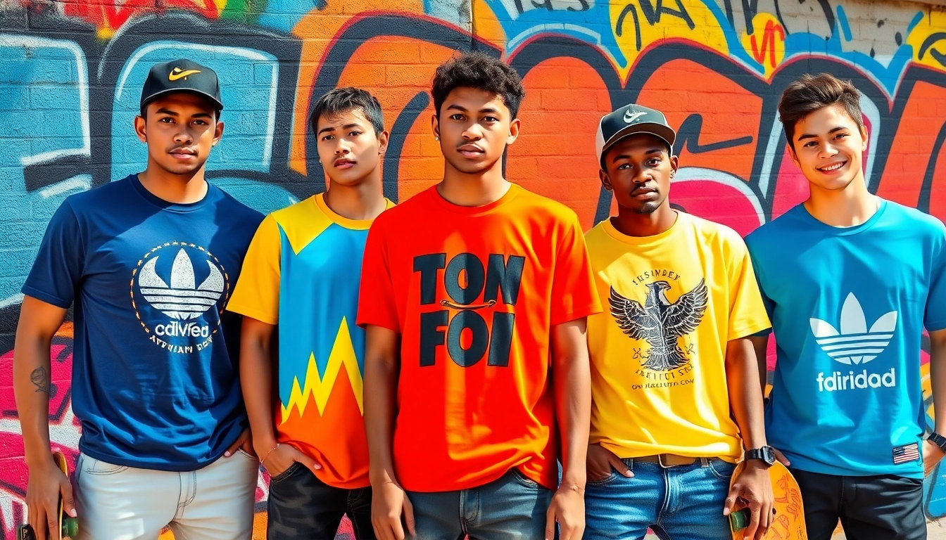 Models showcasing vibrant graphic T-shirts in an urban setting with creative designs.