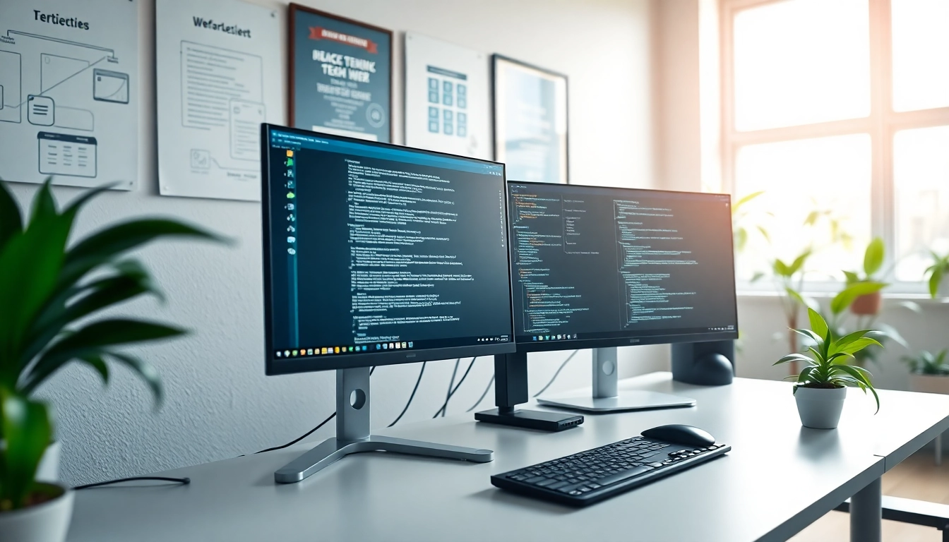 Engaging scene of web development workspace highlighting coding on multiple screens.