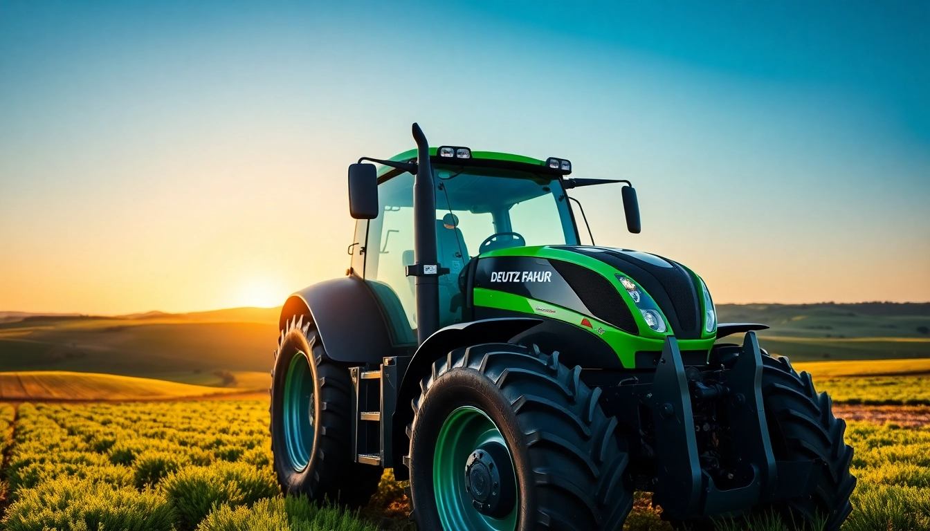 Deutz Fahr Traktor auf üppigem Farmland, unter klarem Himmel.