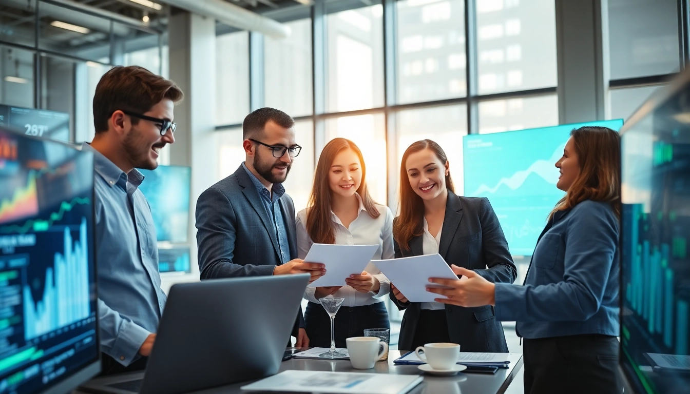 Team analyzing ai for competitive intelligence in a modern office environment with high-tech tools.