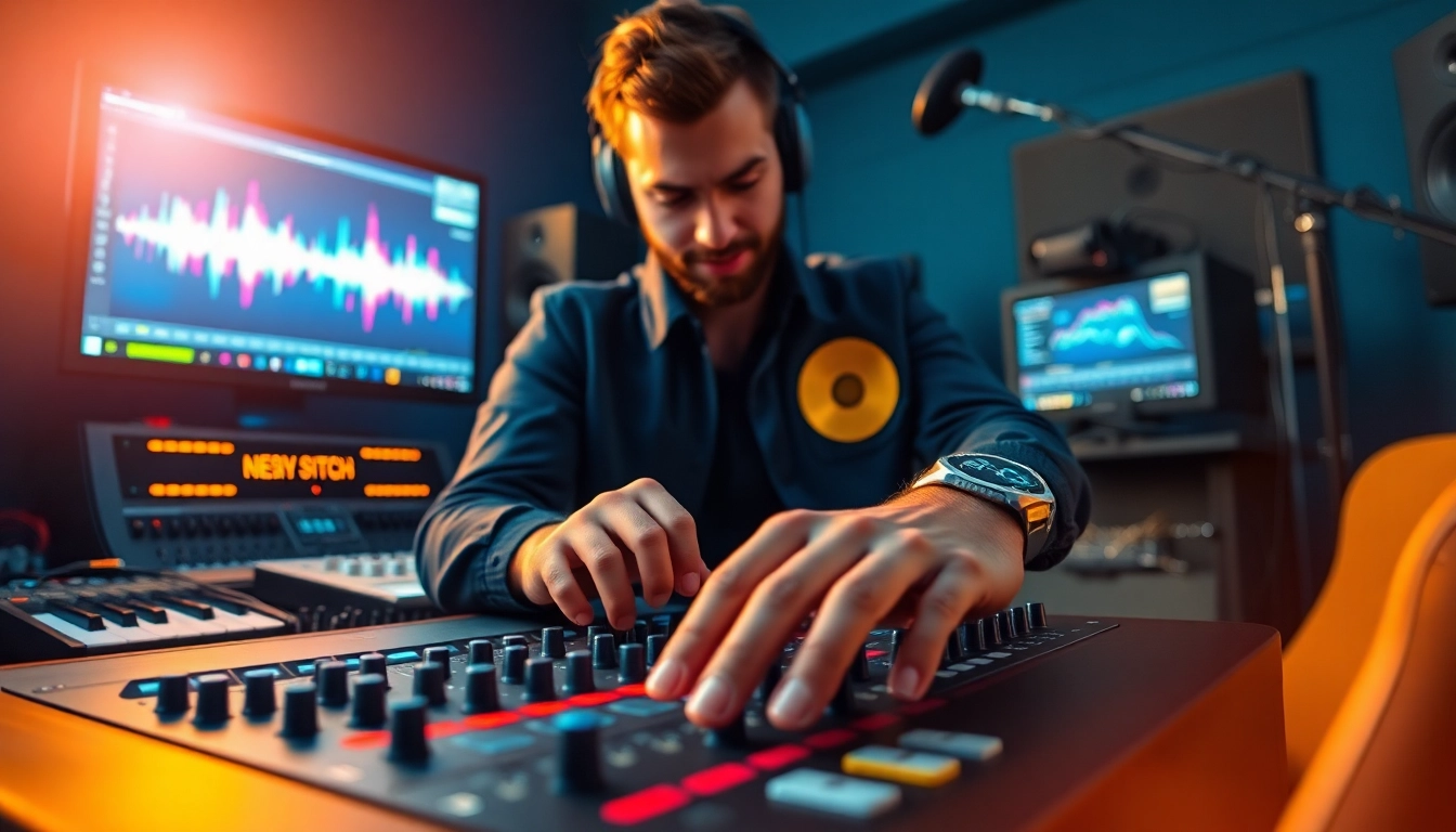 Capturing the essence of music pitching, a musician skillfully adjusts sound equipment in a creative studio.