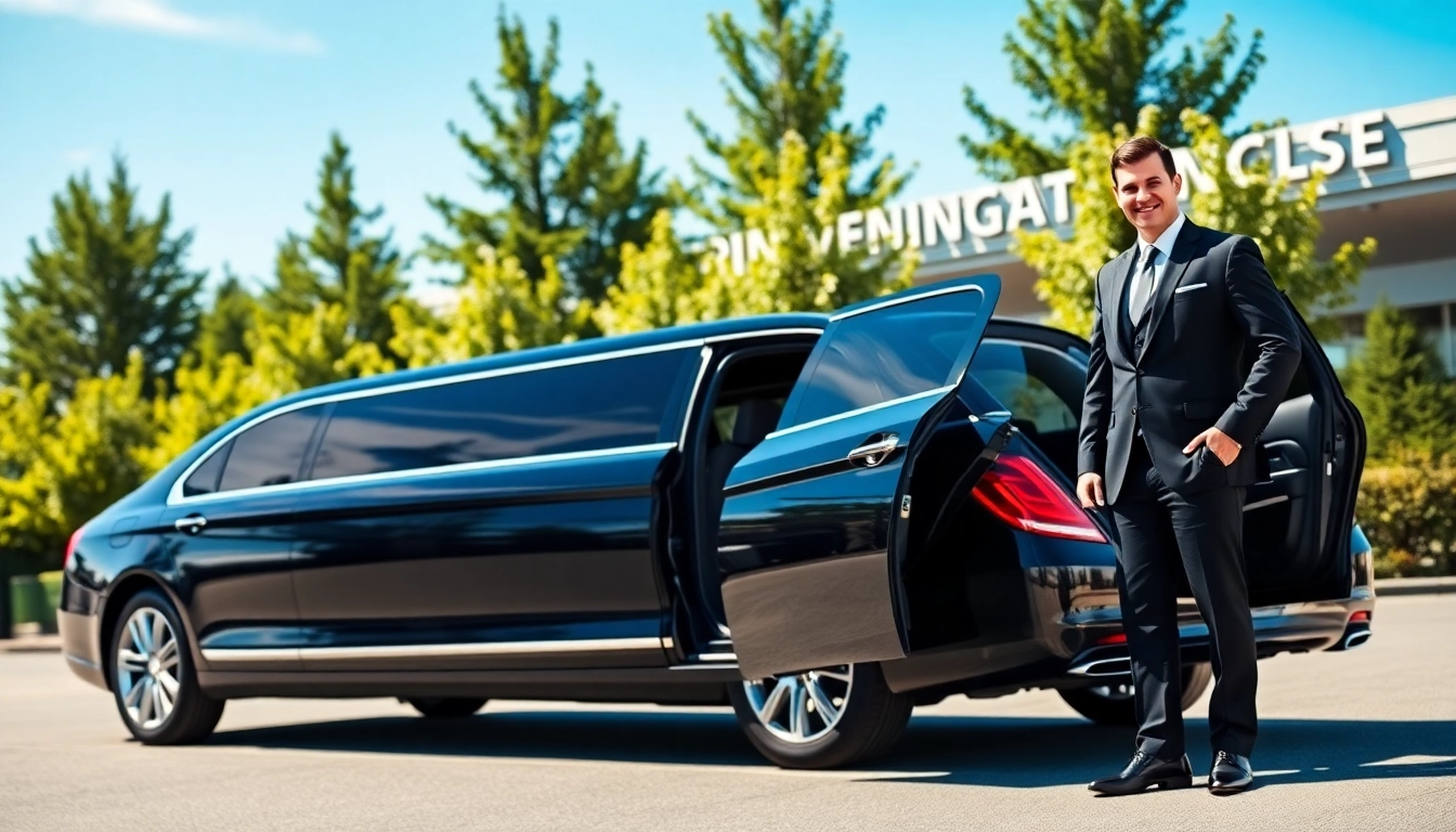 Arrive in style with this airport limo Vancouver service showcasing a sleek limousine and professional driver.