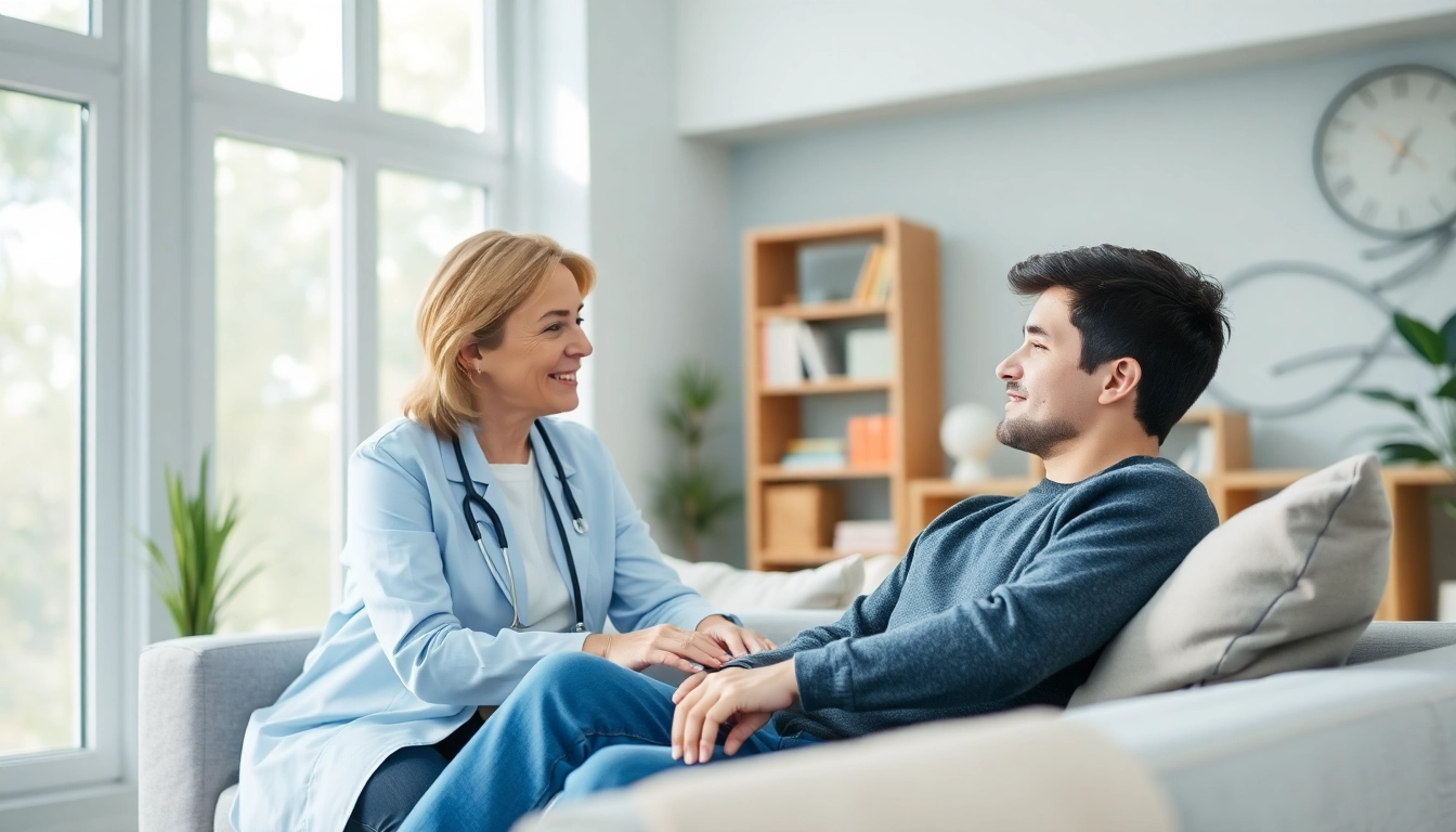 Supportive scene of depression treatment dubai, with a therapist and patient in a calming environment.
