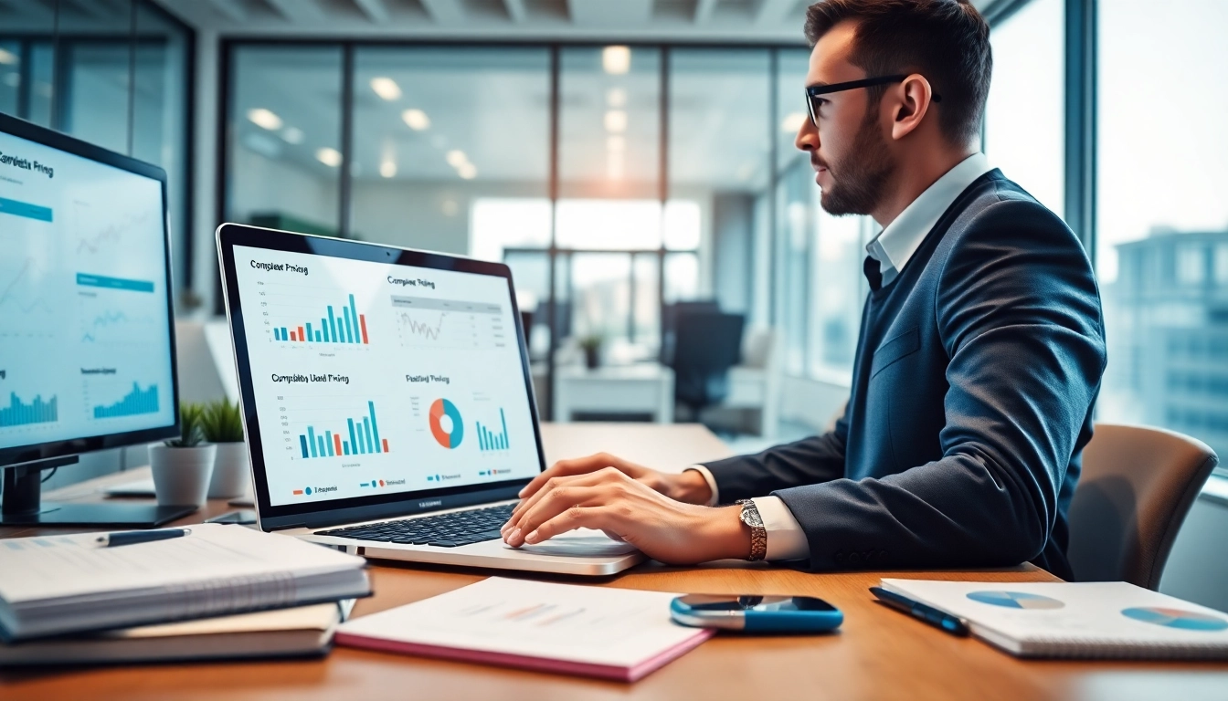 Analyze competitor pricing data while examining charts and price lists for informed decisions.