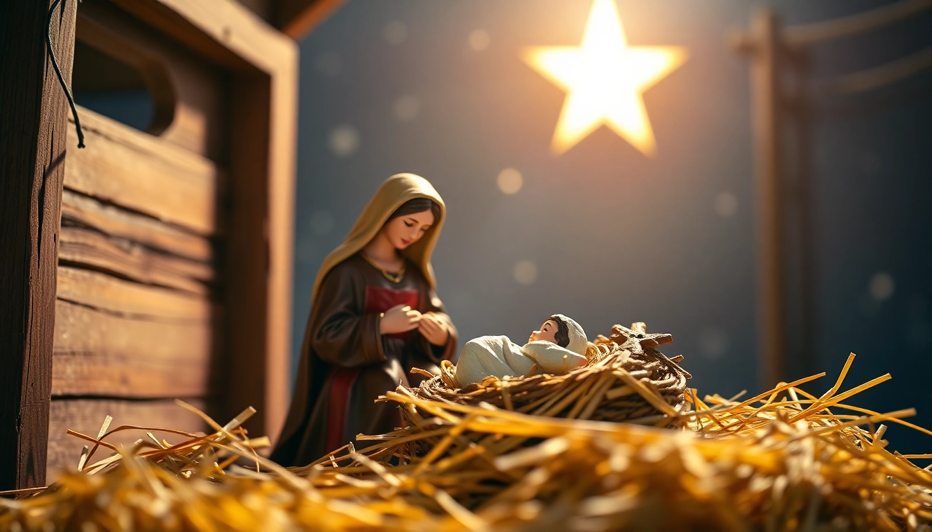 Admire the Nativity sets with hand-painted figures showcasing a serene Christmas scene.