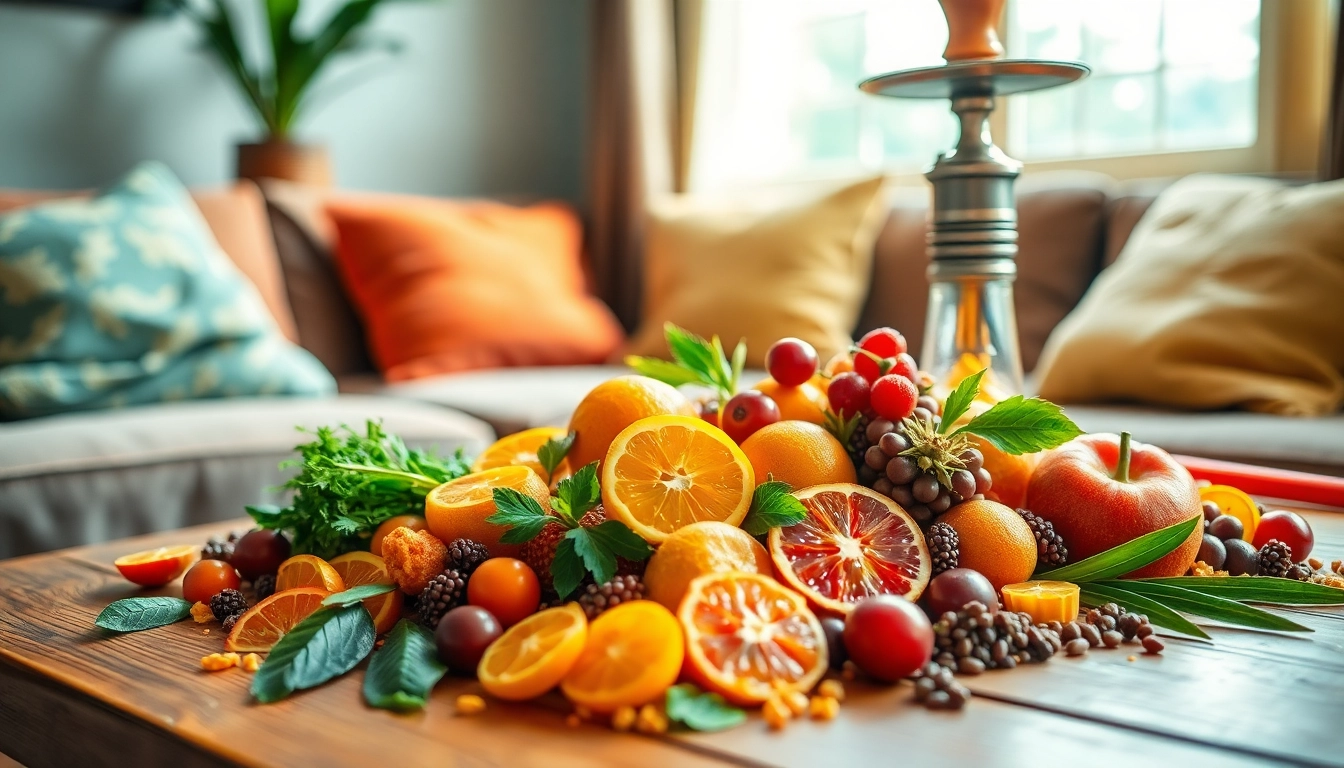 Indulge in diverse shisha hookah flavors presented beautifully with fresh fruits and herbs.