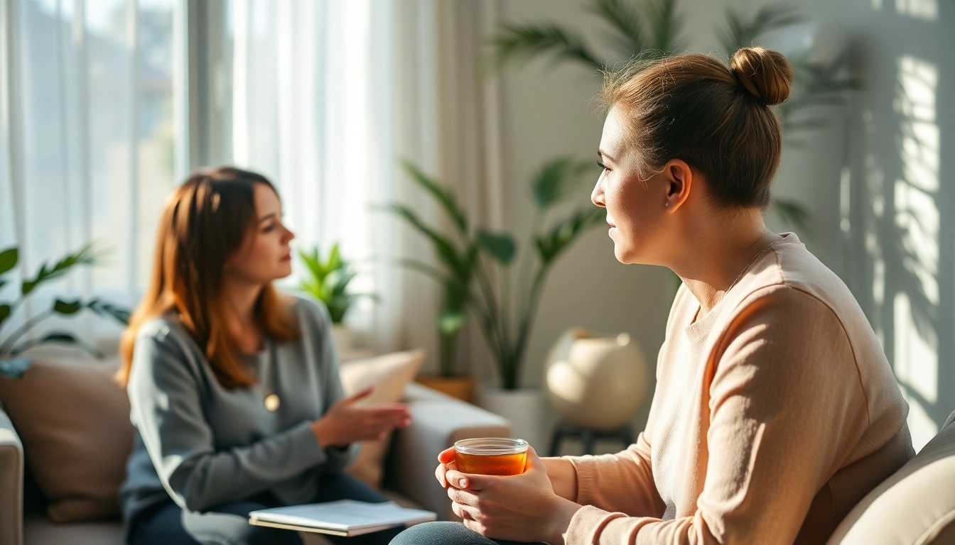 Engaging counselling session highlighting connection between therapist and client in a soothing environment.
