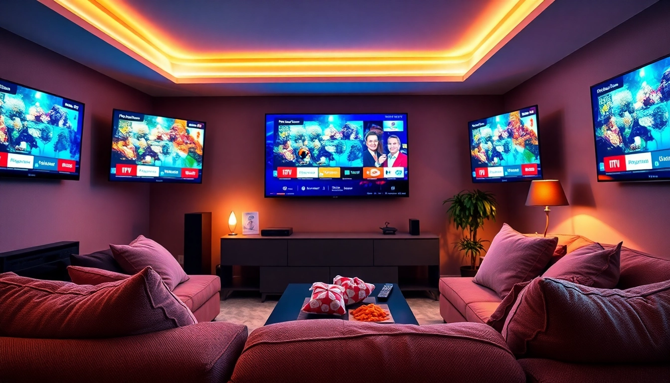 Enjoying an iptv subscription with multiple screens in a modern living room.