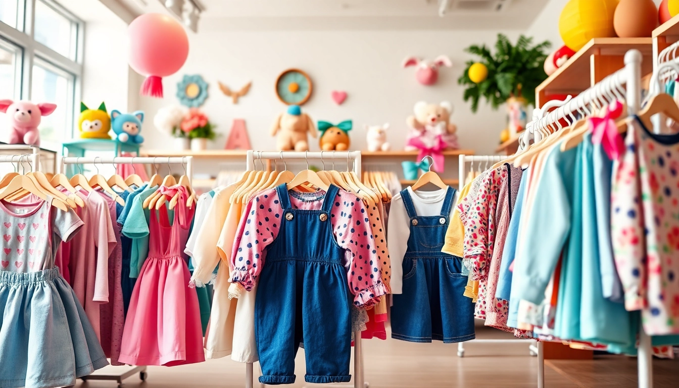 Shop for kids clothing near me in a vibrant boutique filled with stylish outfits and plush toys.