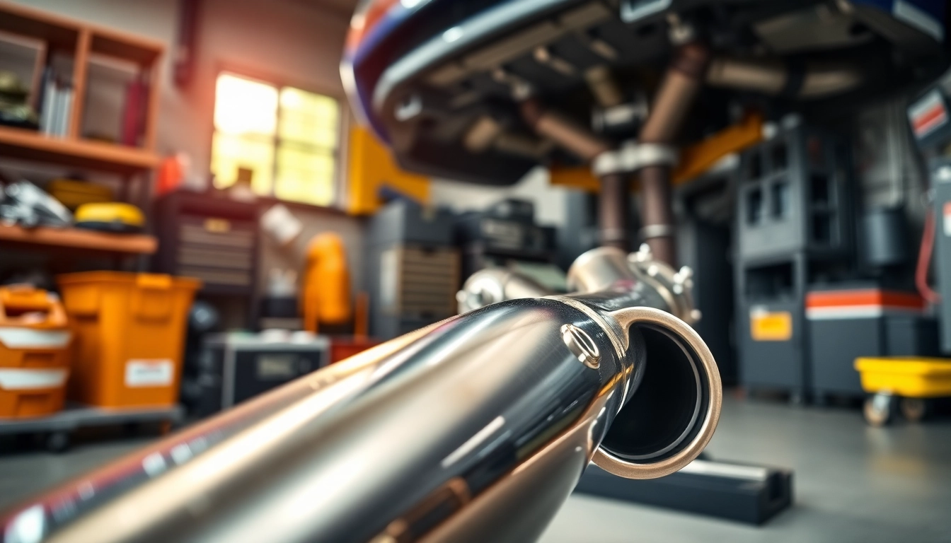 Showcasing f80 catless downpipes with polished finish in an automotive workshop setting.